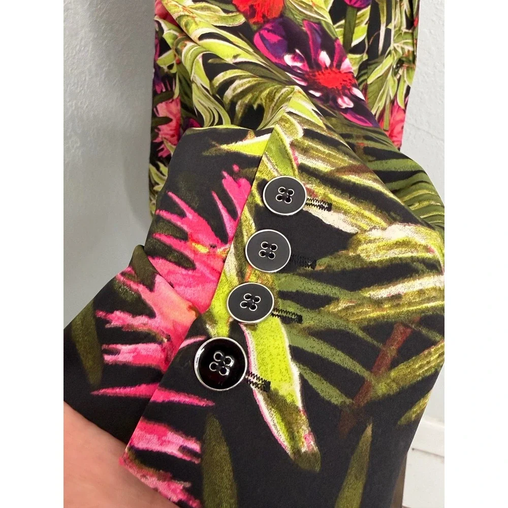 Chicos Tropical Palm Floral Blazer Jacket Green Pink Botanical Print Size 2 LGE - Picture 4 of 7